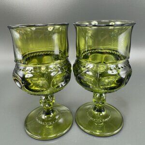 Indiana Glass Co Kings Crown Thumbprint Set 2 Goblet Drinking Glasses Cups VTG